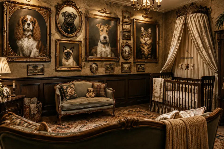 A dramatic old-world pet portrait nursery where ornate paintings of dogs and cats create a richly layered gallery wall with moody Victorian character.