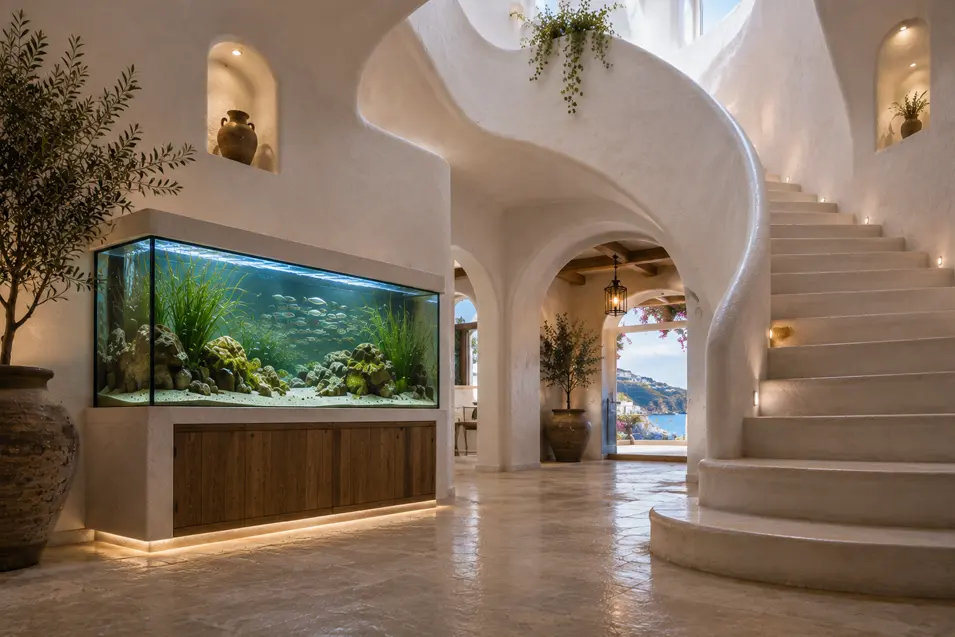 Dreamy Santorini-style interior with sculptural white stairs, arched details, warm lighting, and a striking built-in aquarium.