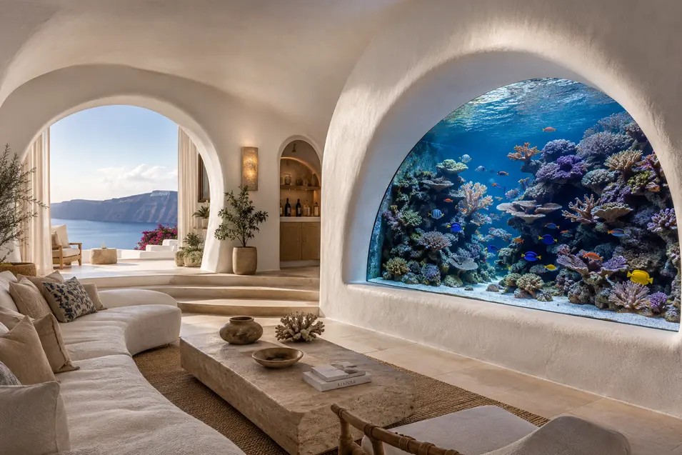 Serene Santorini-style living room with sweeping arches, Aegean Sea views, and a spectacular coral reef aquarium built into the wall.