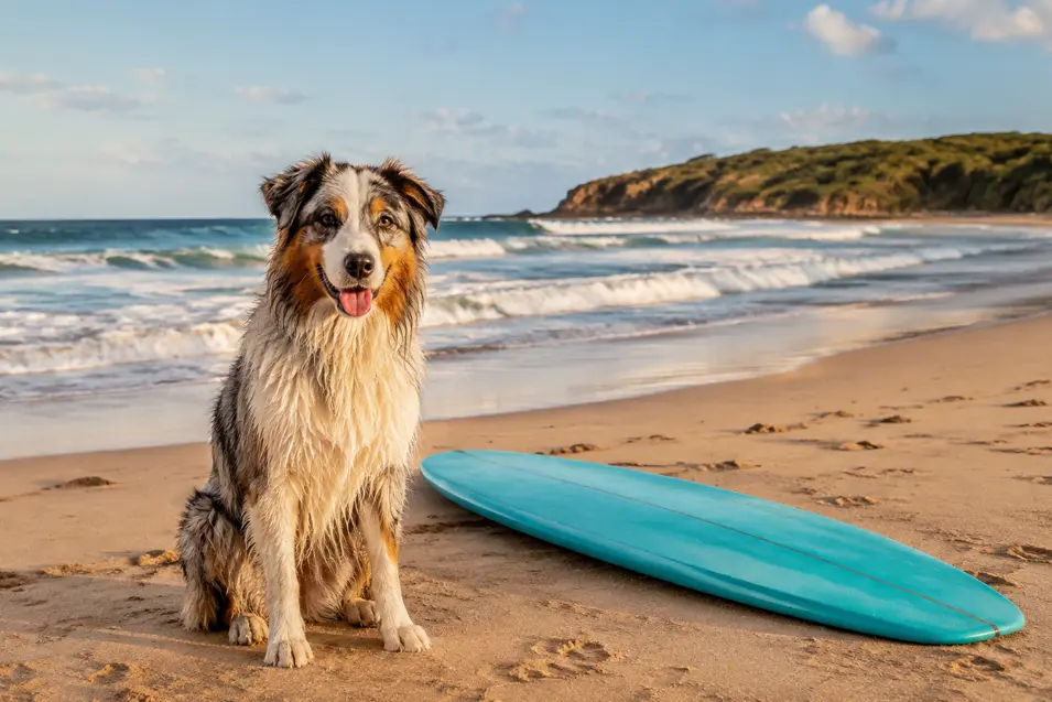 A happy Australian Shepherd sits beside a turquoise surfboard on a sunny beach as waves roll ashore.