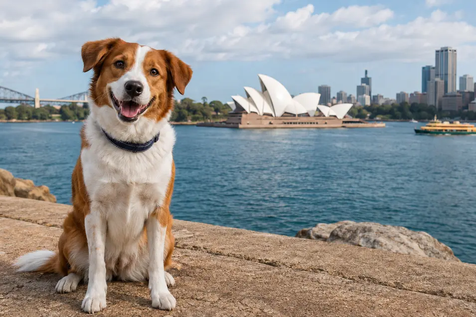 A happy brown-and-white dog poses by Sydney Harbour, with the Opera House and city skyline in the background.