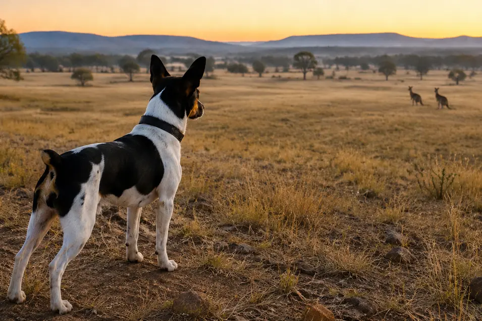 A black-and-white dog watches two kangaroos across the Australian grasslands at sunset.