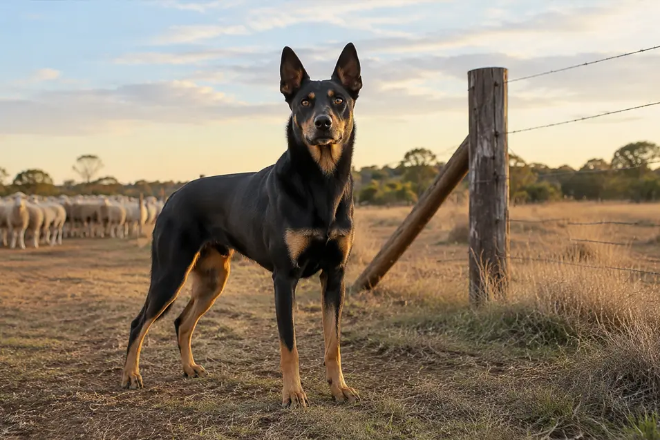 An alert black-and-tan working dog stands beside a farm fence, with a flock of sheep behind it at sunset.