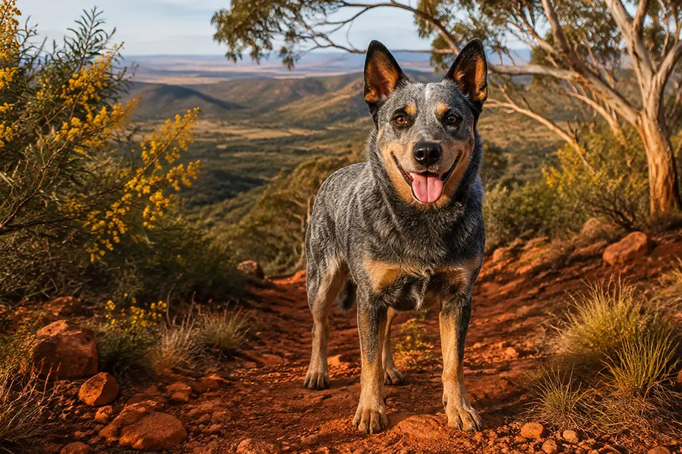 A happy Blue Heeler stands on a red Outback trail surrounded by eucalyptus trees and golden wattle in the Australian sunshine.
