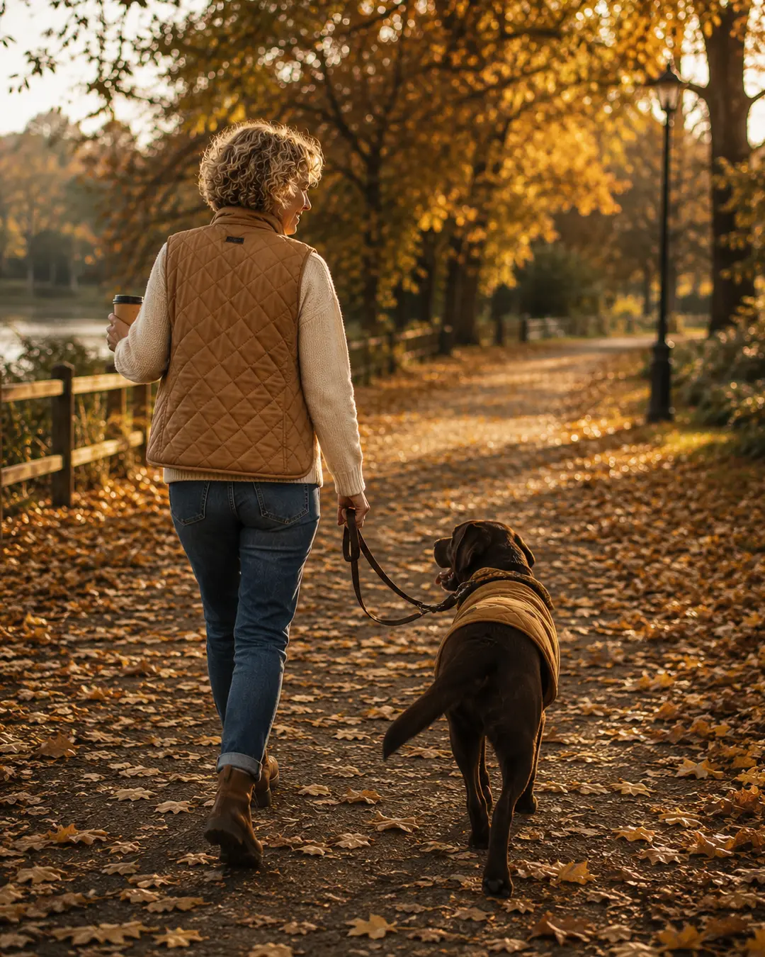 A woman and her chocolate Labrador wear matching quilted vests while enjoying a golden autumn walk along a leaf-covered park path.