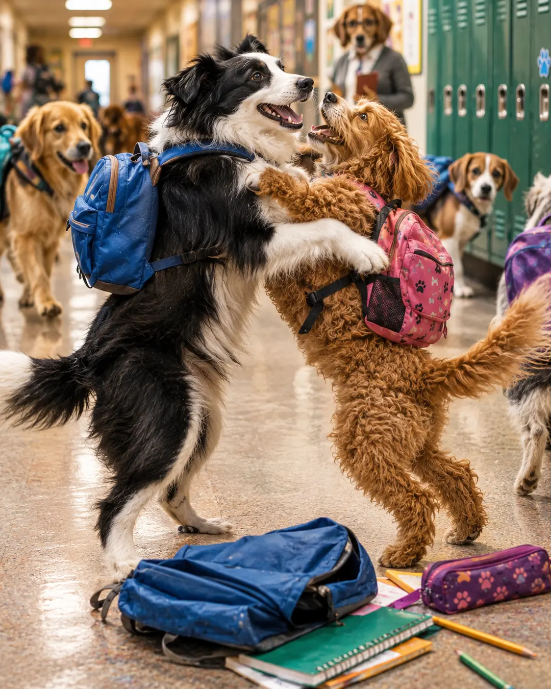 Two backpack-wearing dogs excitedly greet each other in a busy school hallway as canine classmates pass by the lockers.