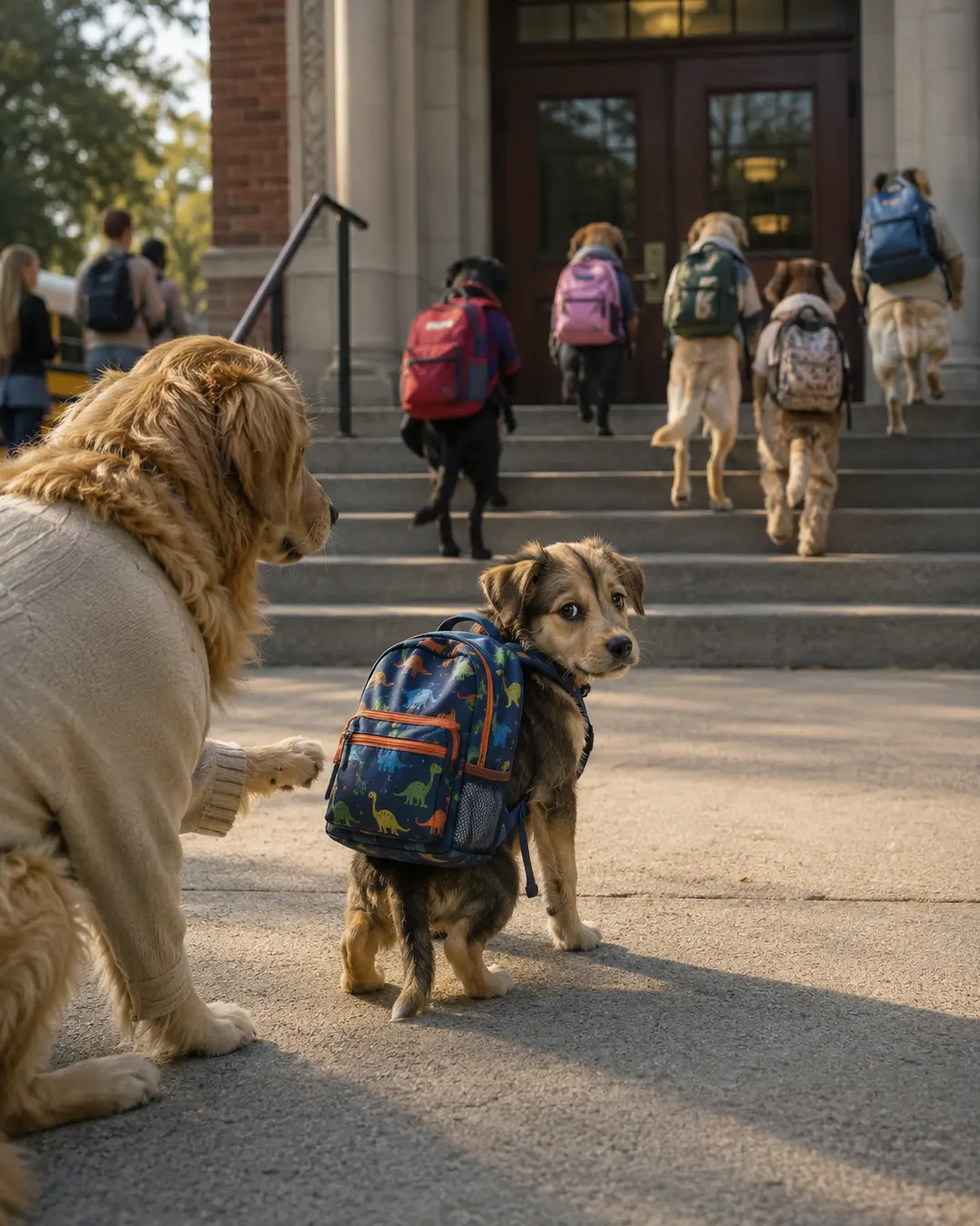 A nervous young dog with a dinosaur backpack looks back at Mom while other canine students head up the school steps.