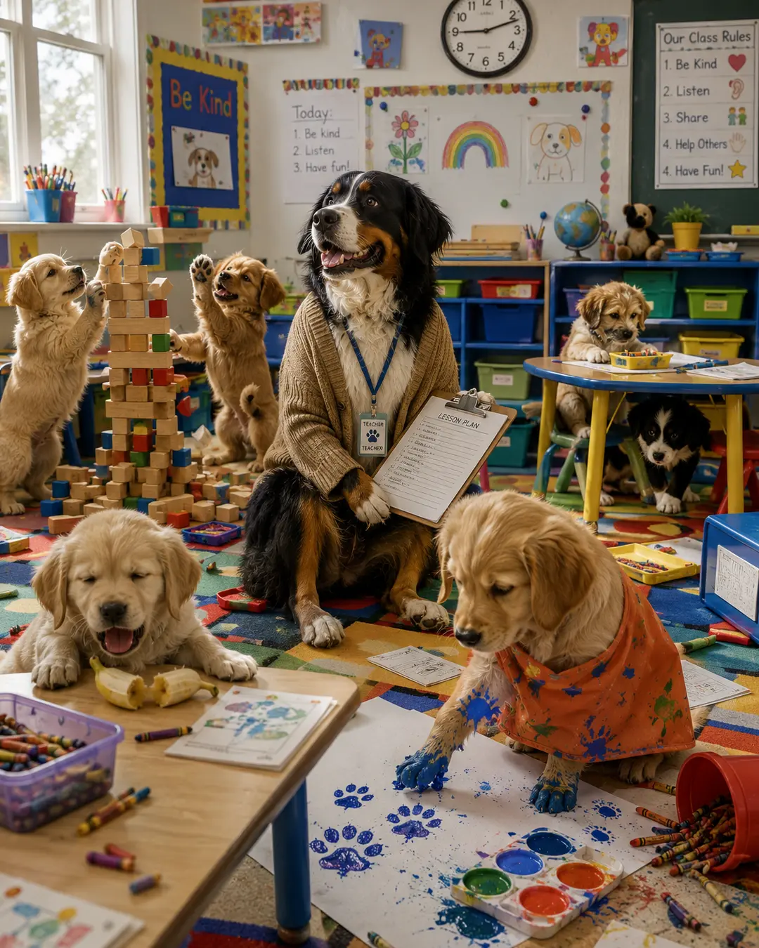 A canine teacher oversees a lively classroom as puppies build with blocks, paint paw prints, color and enjoy snack time.