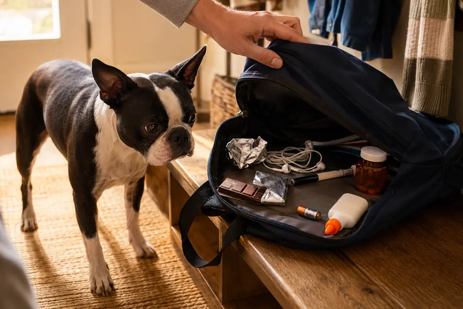 A Boston Terrier investigates a backpack containing chocolate, medication, a battery and school supplies as someone moves it out of reach.