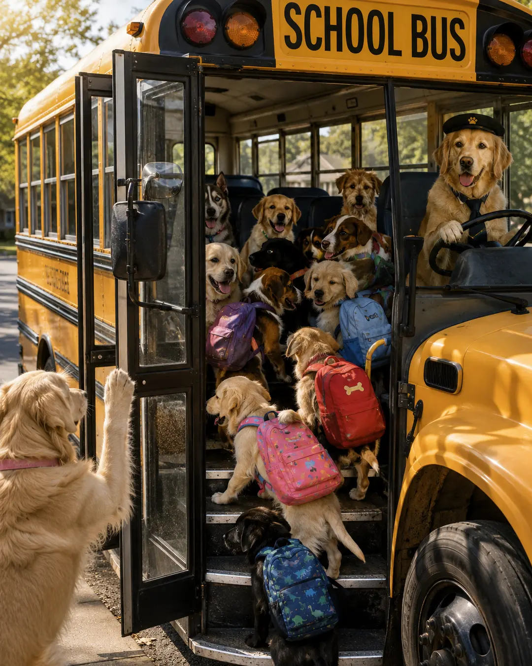 Dogs with colorful backpacks pile onto a school bus while a cheerful canine driver waits and a parent waves goodbye.