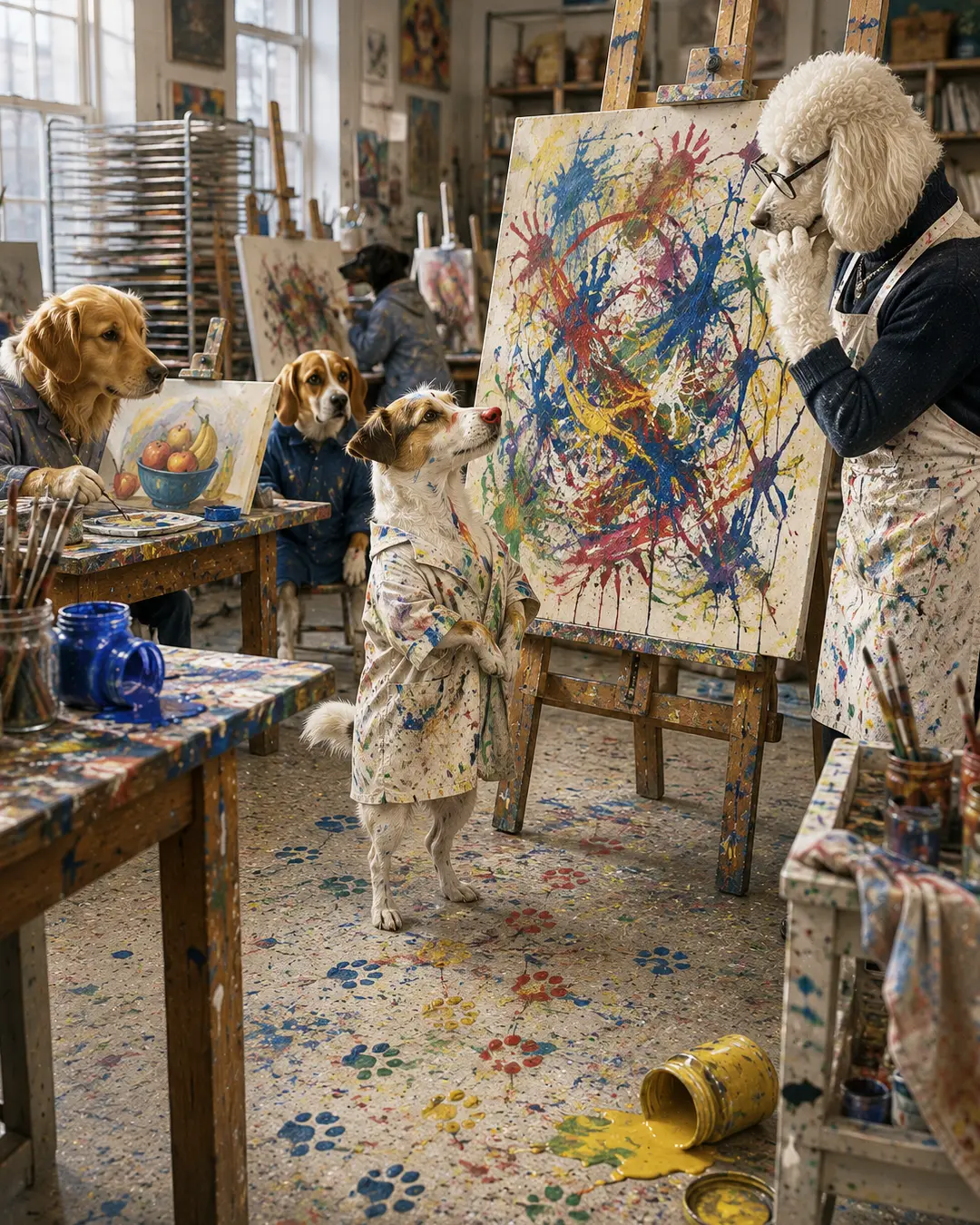 A young canine artist proudly presents a wildly colorful abstract painting while his skeptical art teacher studies the masterpiece.