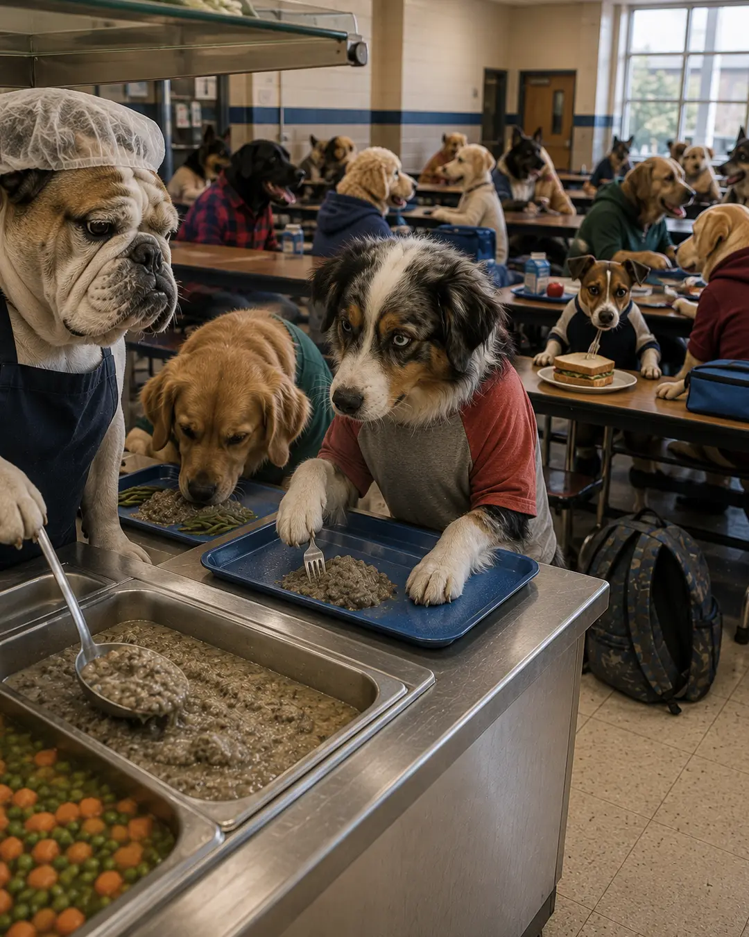 A hesitant dog eyes a questionable cafeteria lunch while a stern bulldog serves food and canine classmates eat nearby.