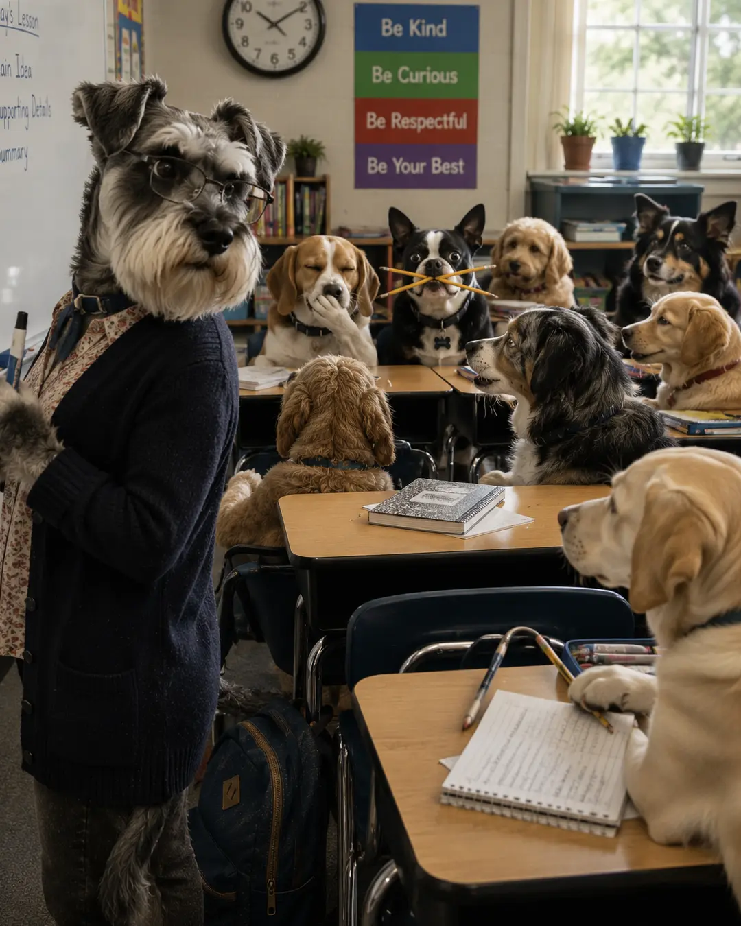 A stern canine teacher catches a mischievous student with pencils in his mouth as the rest of the class looks on.