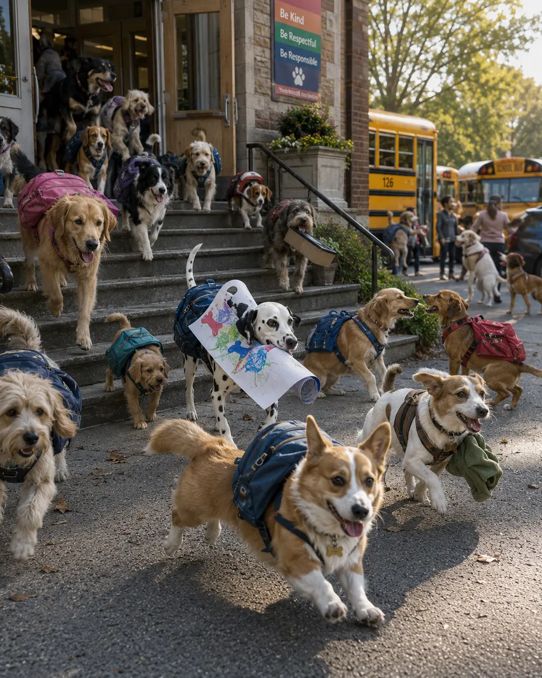 Excited canine students race out of school with backpacks, artwork and belongings as buses and waiting parents fill the pickup area.