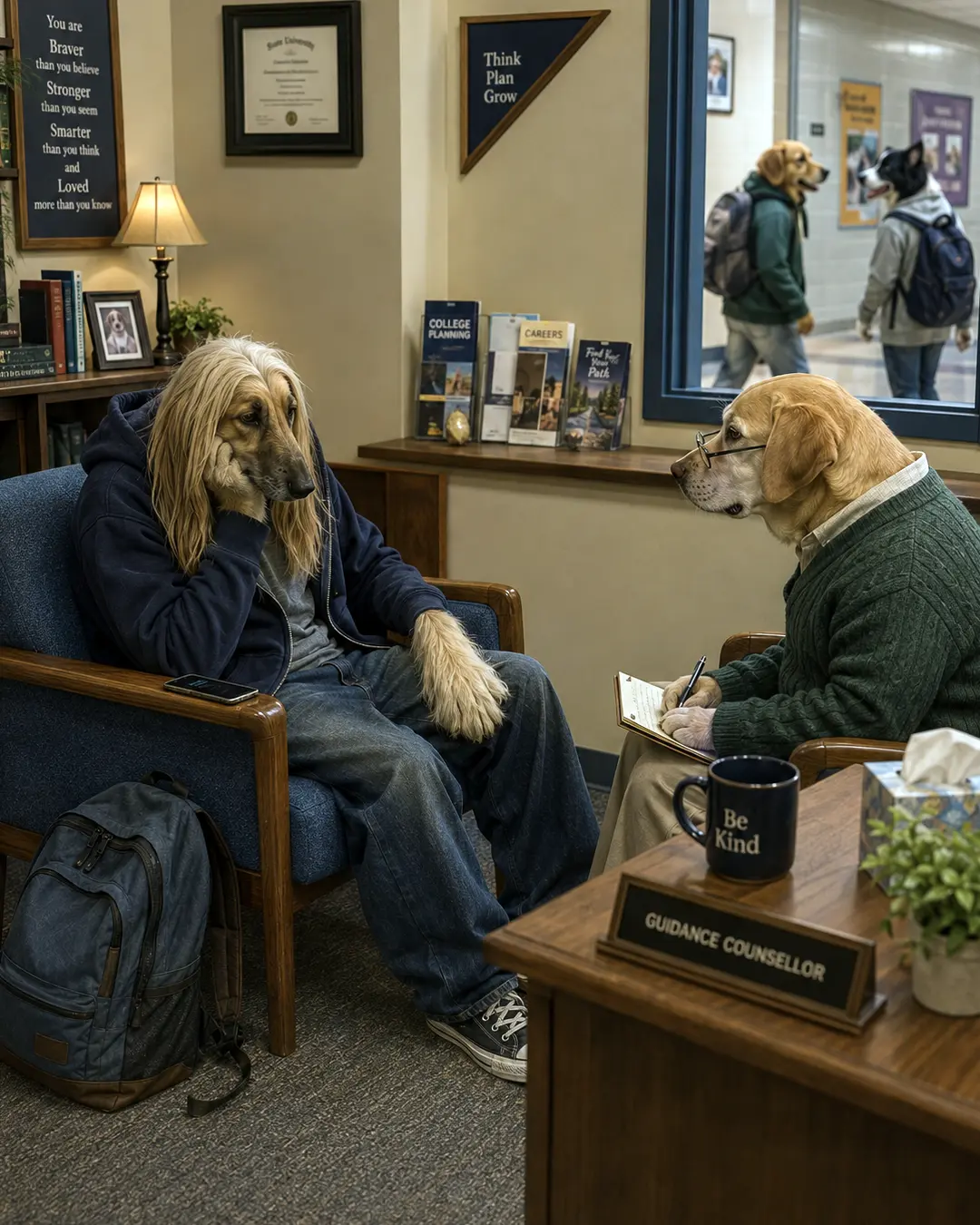 A discouraged canine student talks with a guidance counselor about his future while classmates pass in the hallway outside.