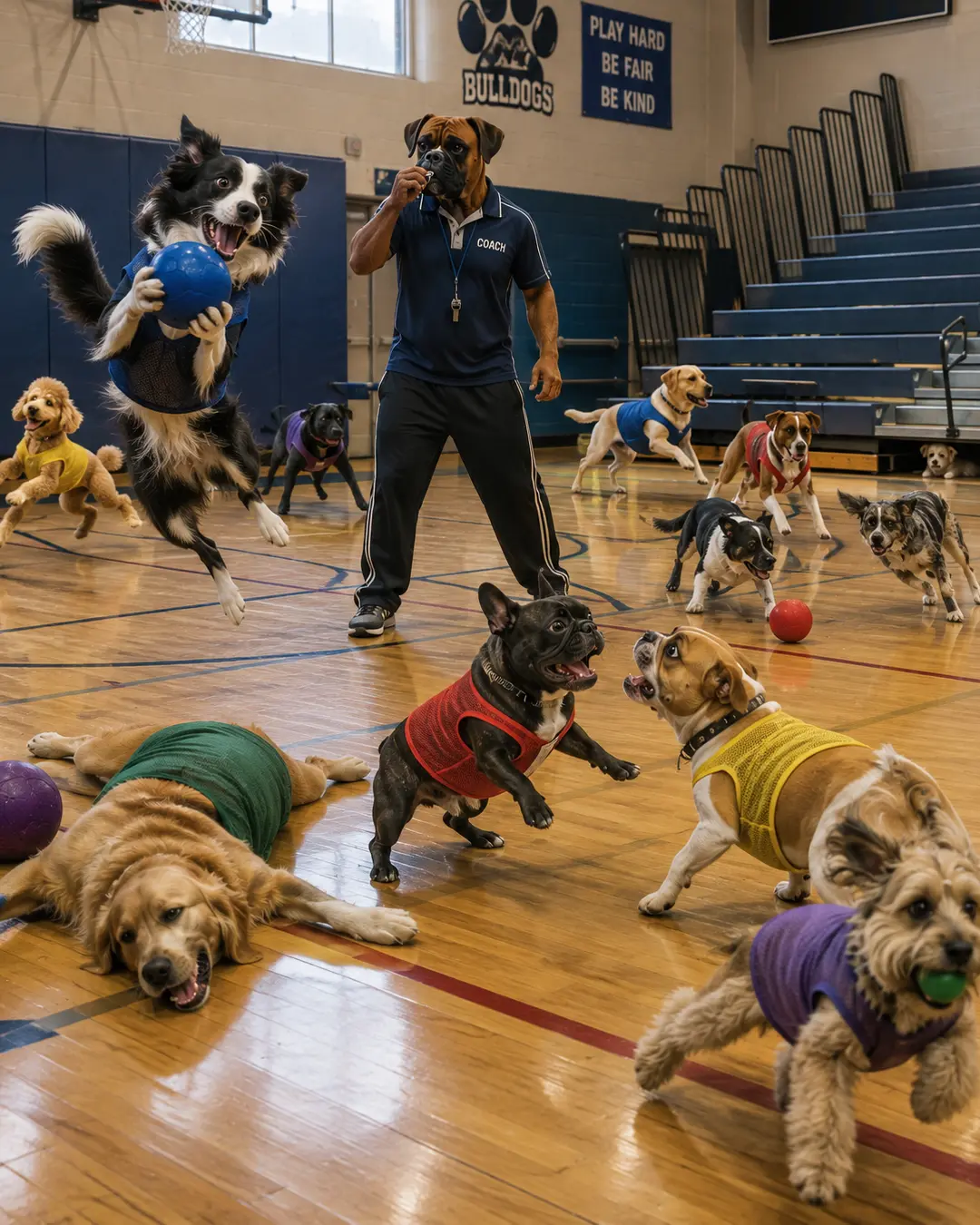 Dogs race, wrestle and chase balls during a chaotic gym class while their canine coach tries to keep everyone under control.