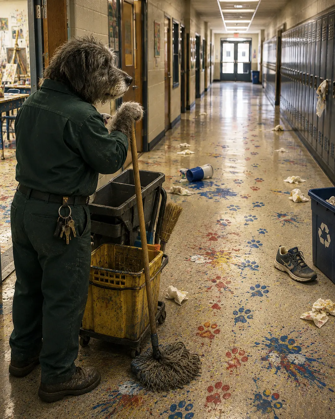 A weary canine janitor surveys a school hallway covered in colorful paw prints, spilled paint, paper towels and a lone sneaker.