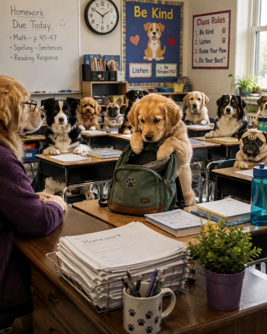 A guilty-looking puppy searches his backpack for missing homework while the teacher and canine classmates wait expectantly.