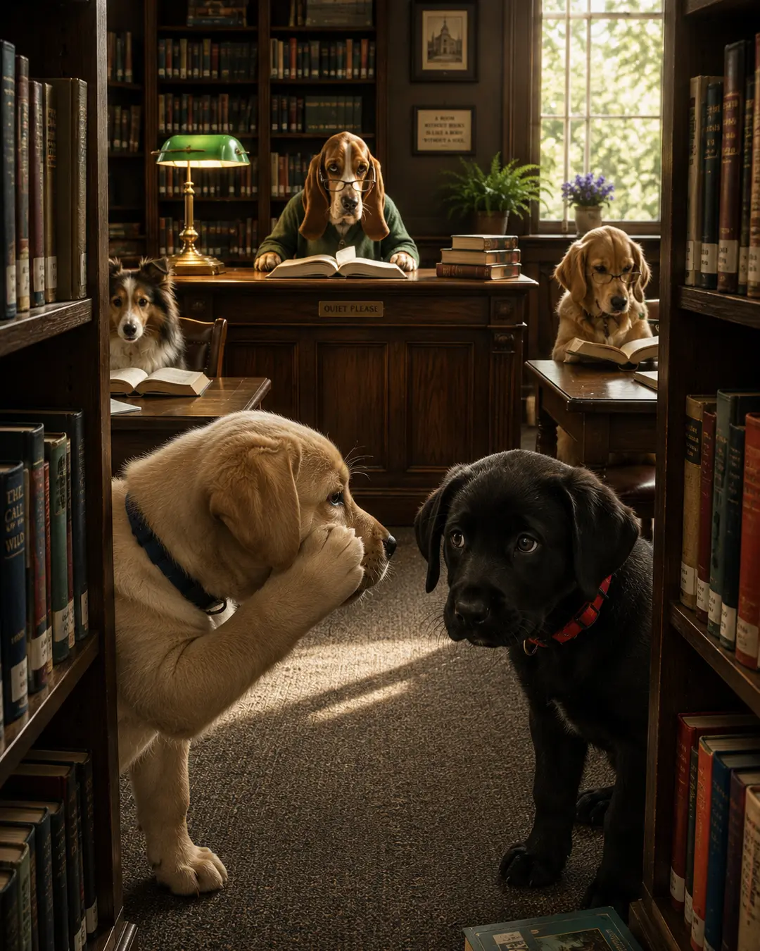 Two puppies whisper between library shelves while serious canine students and a stern librarian read quietly nearby.