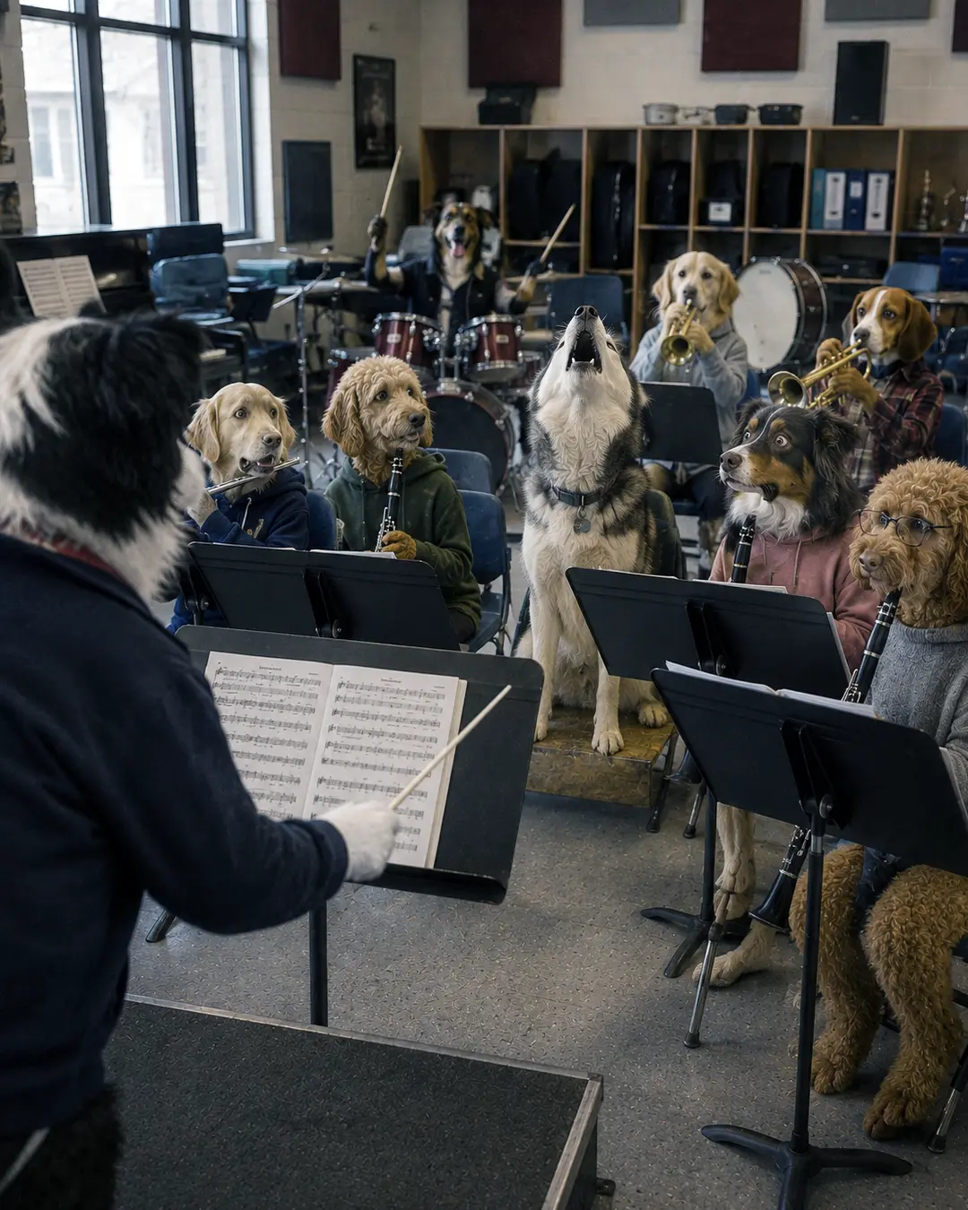 A canine school band rehearses as one enthusiastic dog howls along while classmates play drums, trumpets and clarinets.
