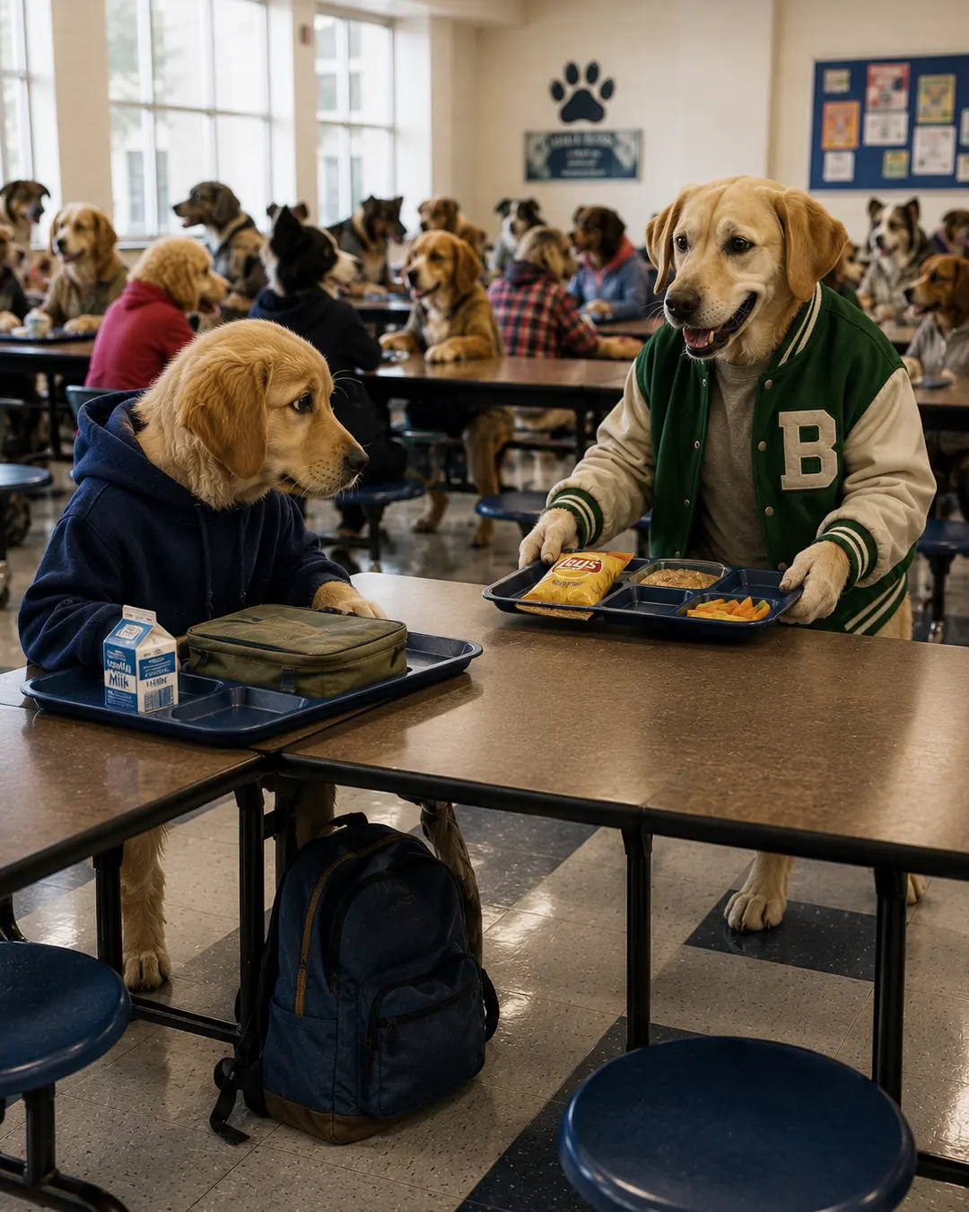 A popular canine student joins a shy classmate for lunch in a crowded school cafeteria filled with dogs.