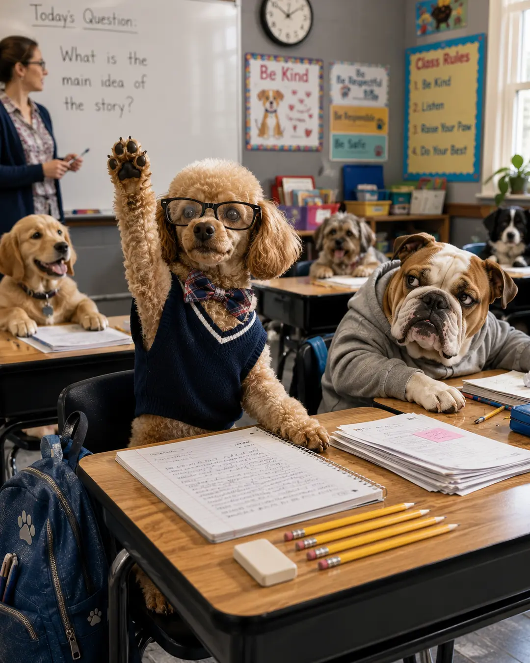 A glasses-wearing dog eagerly raises a paw to answer the teacher while a bored bulldog and other canine classmates look on.