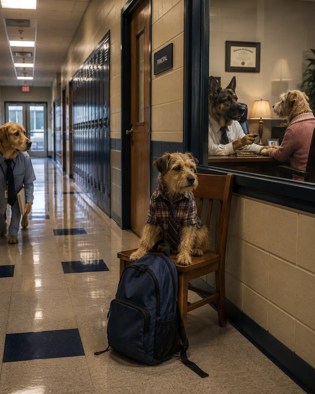 A worried canine student waits outside the principal’s office while two stern dogs discuss his fate inside.