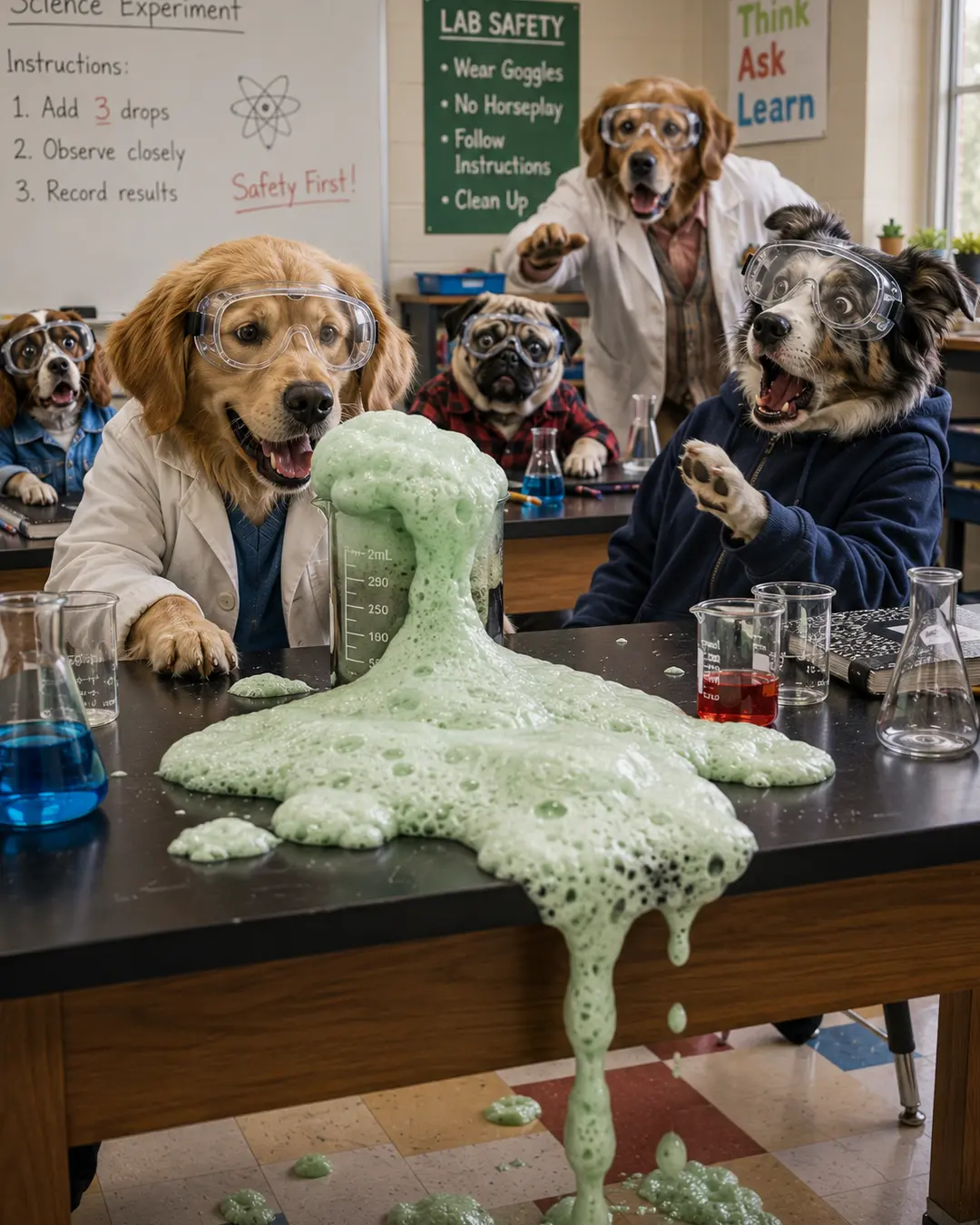 Dogs in safety goggles react as a science experiment erupts into a mountain of green foam across the lab table.