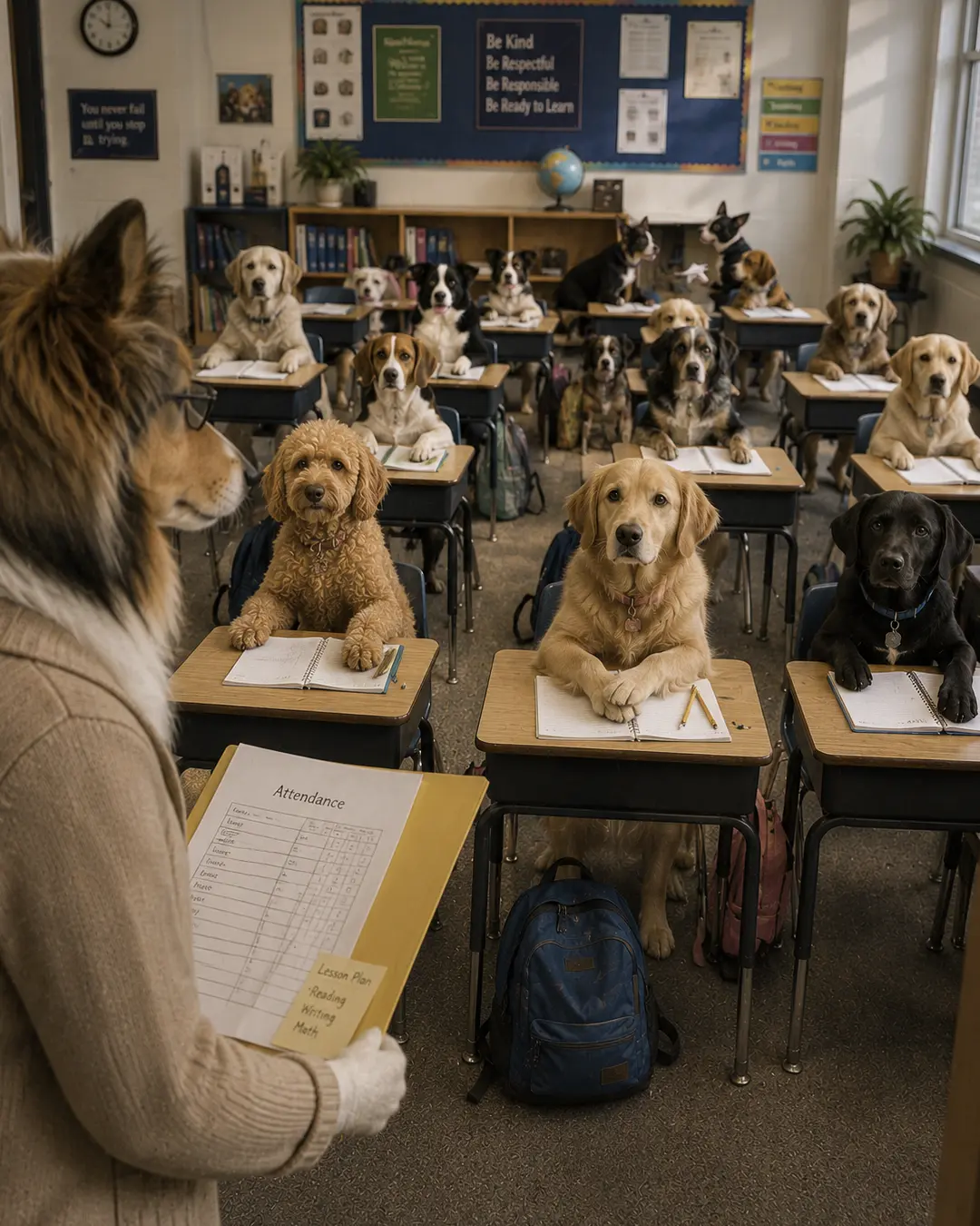 A canine teacher takes attendance while a classroom full of attentive dog students sits at desks with notebooks ready.