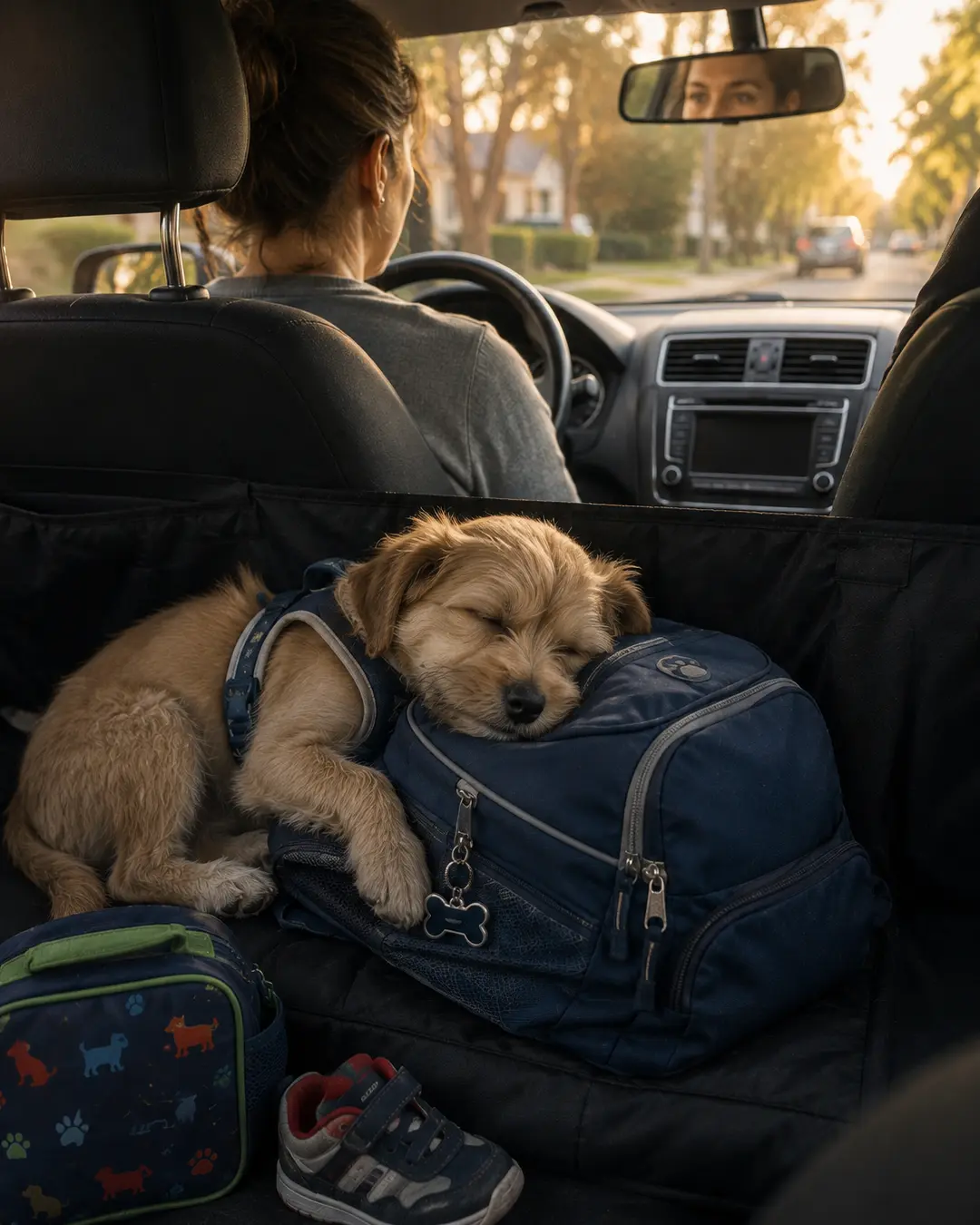 An exhausted puppy sleeps on his backpack in the back seat after a long day at school while Mom drives home.