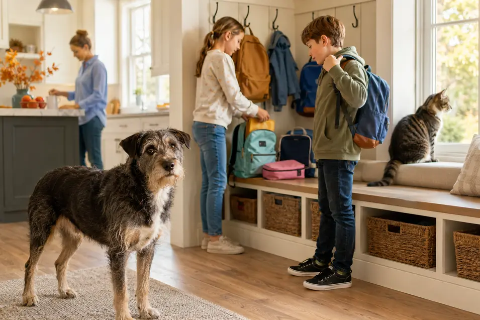 A dog and cat watch as two children gather backpacks and lunches in a bright family mudroom before heading to school.