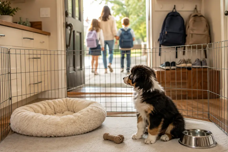 A young puppy watches from a playpen as a parent and two children leave home for school on a bright September morning.