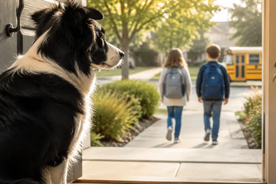 A Border Collie watches from the doorway as two children with backpacks walk toward their school bus on a warm September morning.