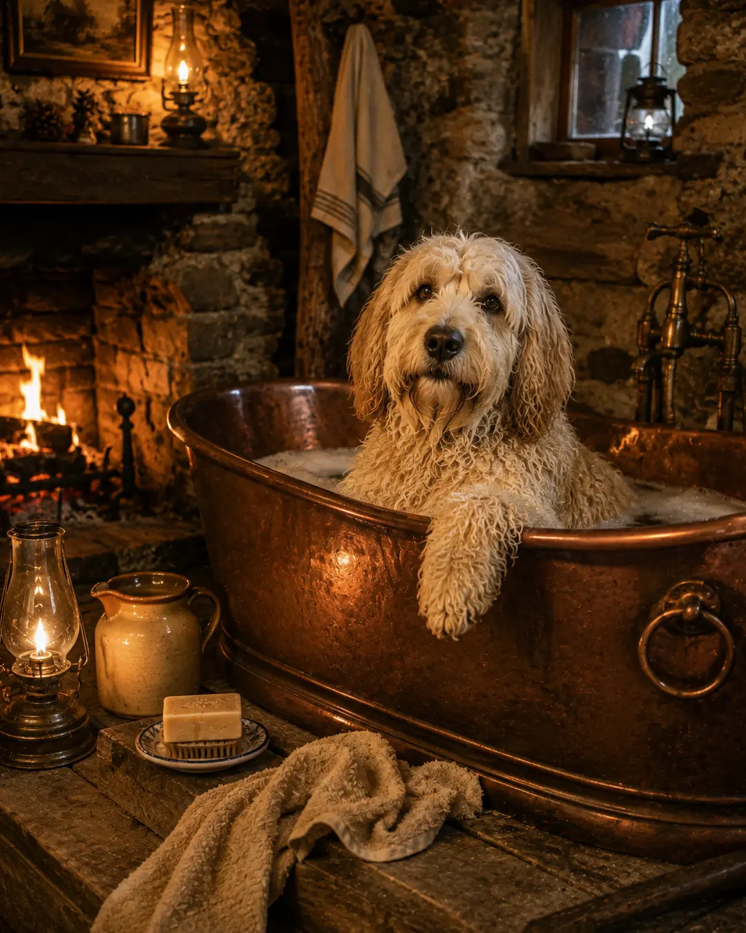 A shaggy dog relaxes in a gleaming copper bathtub beside a roaring fireplace in a cozy, lantern-lit rustic bathroom.