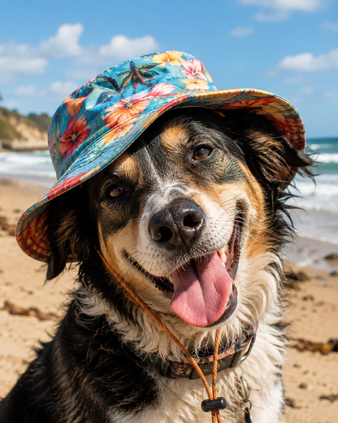 A happy black-and-tan dog wears a colorful tropical sunhat while enjoying a bright, breezy day on a sandy beach.