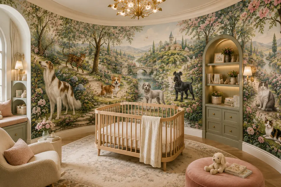 A dreamy enchanted pet garden nursery where dogs and cats wander through a romantic floral landscape of winding paths, bridges, and distant villas.