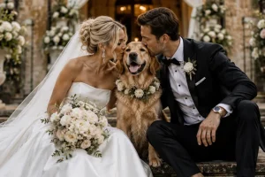 A bride and groom kiss their smiling dog on the steps of an elegant flower-filled wedding venue.