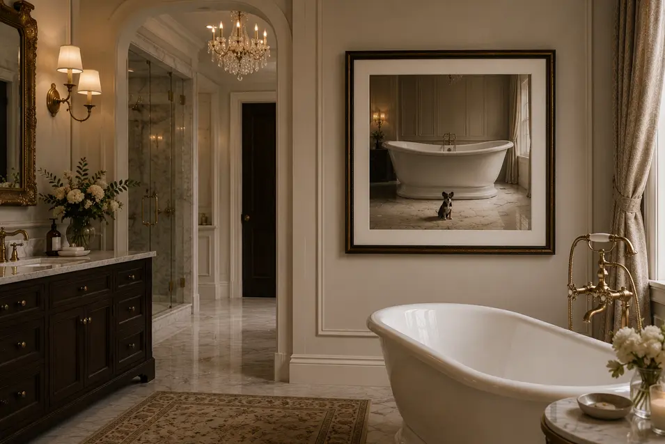 Luxurious traditional bathroom with marble, dark wood cabinetry, brass fixtures, a chandelier, and charming framed art of a tiny dog beside a grand bathtub.