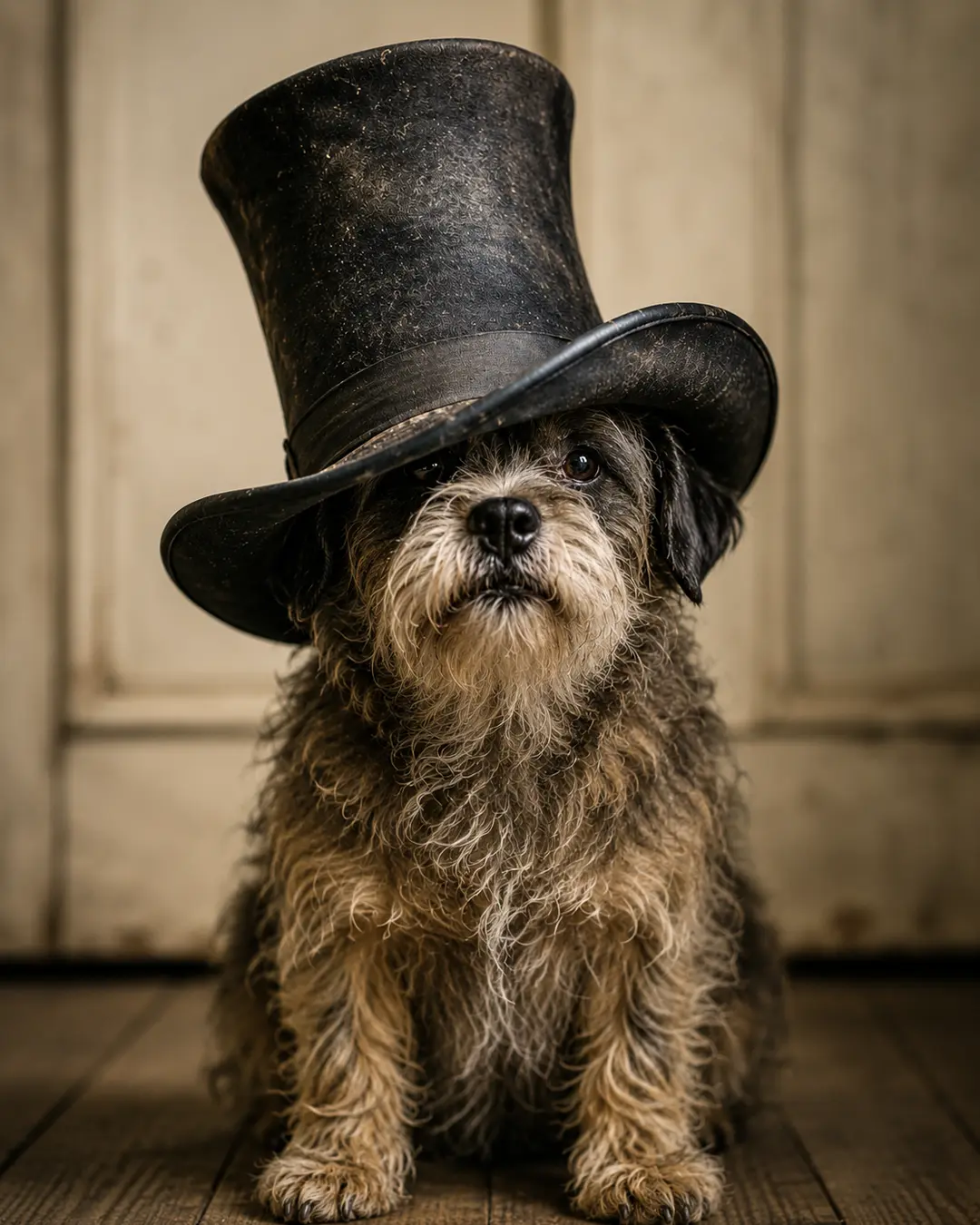 A shaggy black-and-tan dog sits solemnly indoors wearing an enormous, weathered black top hat tilted over one eye.
