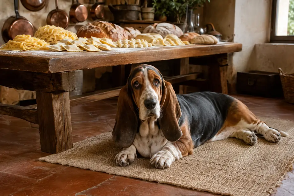 A Basset Hound rests beneath a rustic kitchen table covered with fresh pasta, artisan breads and flour-dusted dough.