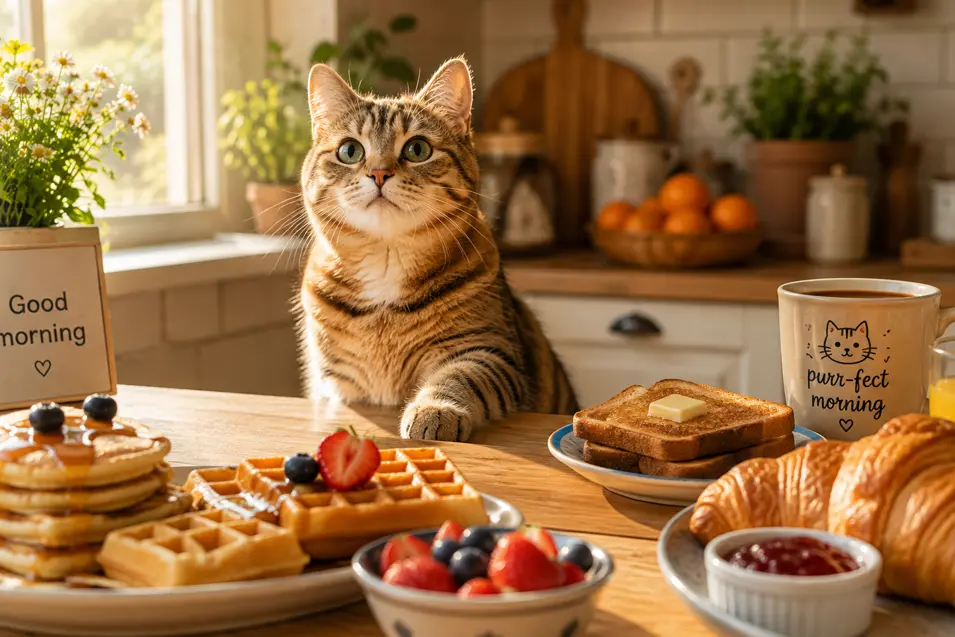 Tabby cat enjoying a cozy breakfast scene with pancakes, waffles, toast, croissants, berries, and coffee.