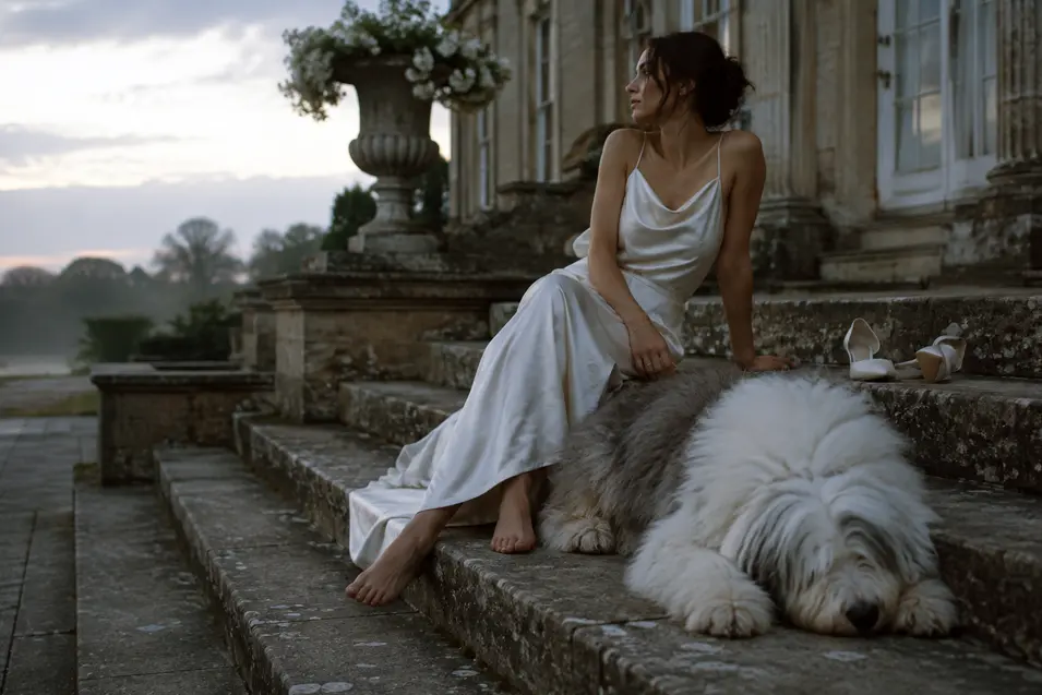 A barefoot bride rests on stone steps at dusk beside her fluffy dog, sharing a quiet moment outside an elegant country estate.