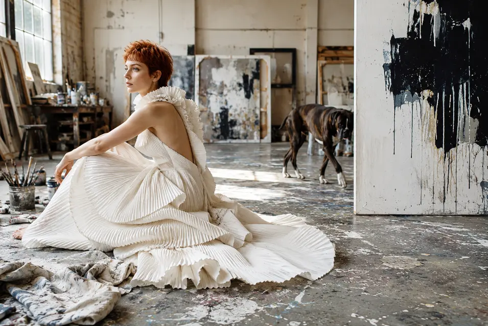 A red-haired bride in a sculptural pleated gown sits in a paint-splattered artist’s studio while her dog wanders among abstract canvases.
