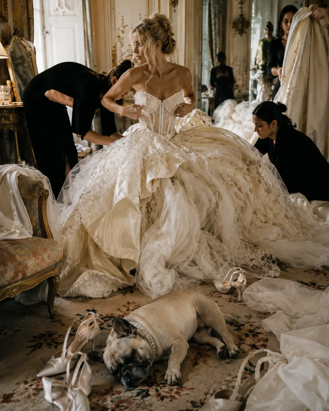 A bride is fitted into an elaborate lace gown as her relaxed French Bulldog naps among scattered shoes in an opulent dressing room.