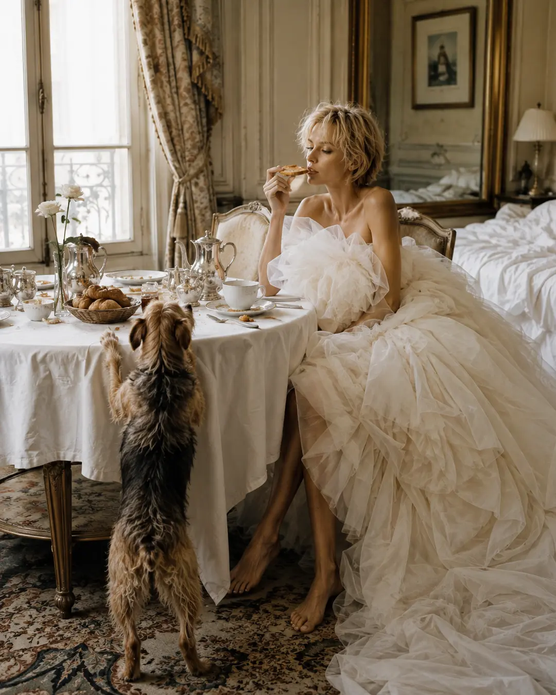 A barefoot bride enjoys breakfast in an elegant Parisian bedroom while her eager dog begs at the table, creating a playful wedding-day moment.