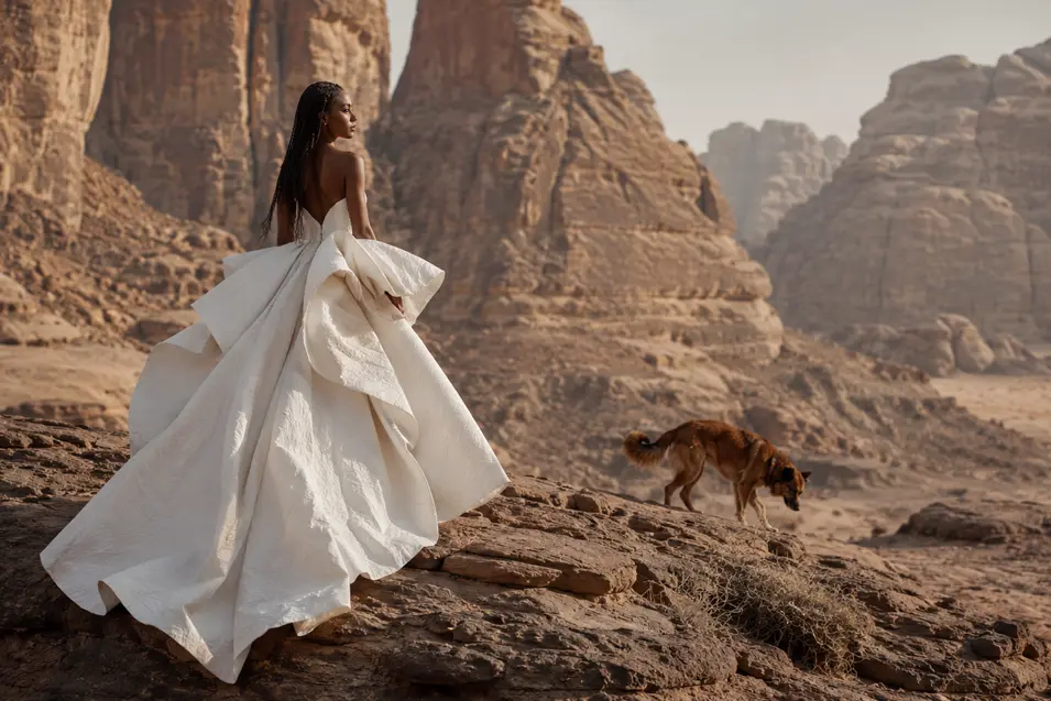 A bride in a dramatic white gown explores a vast desert landscape with her dog, surrounded by towering sandstone formations.