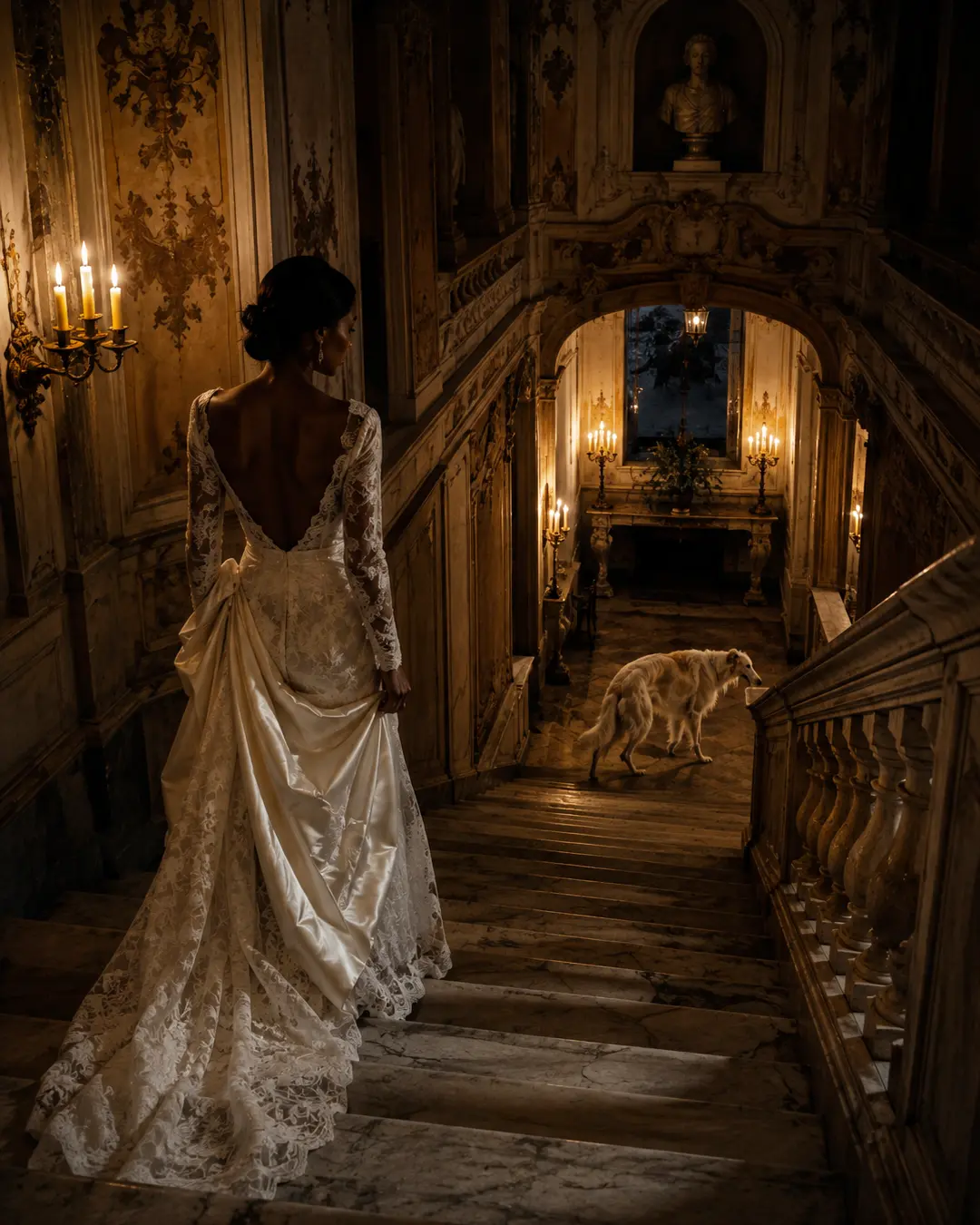 A bride in an elegant lace gown descends a candlelit marble staircase as her graceful dog waits below in a richly ornate historic interior.