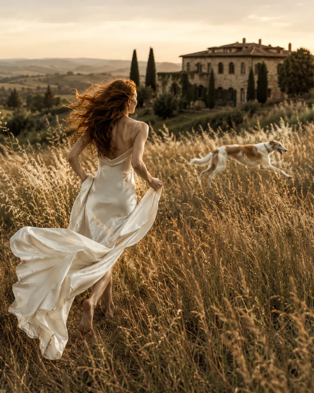 A barefoot bride runs through a sunlit Tuscan field with a graceful dog, her flowing gown and windswept hair glowing at golden hour.