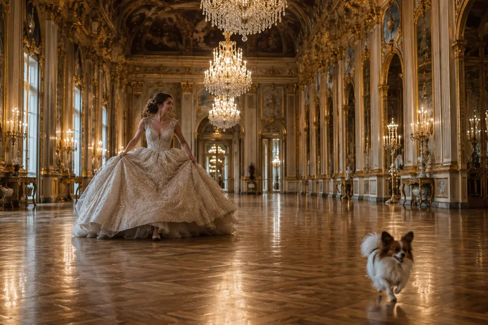 A bride in a sparkling ball gown crosses a lavish chandelier-lit palace hall as her tiny dog trots playfully across the polished floor.