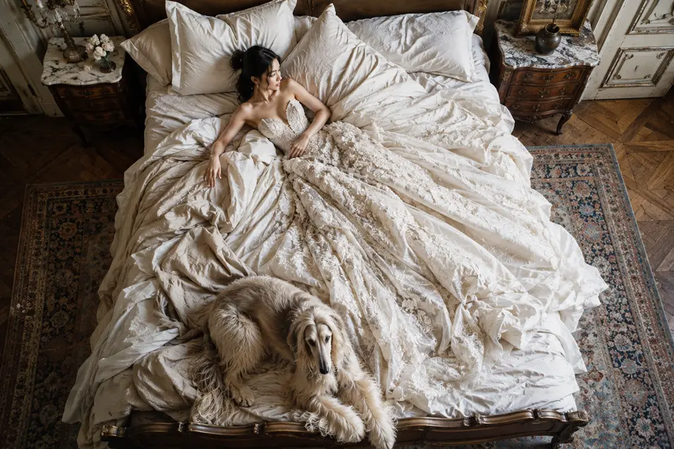 A bride in an ornate lace gown reclines across an unmade antique bed beside her elegant hound in a romantic, old-world bedroom.